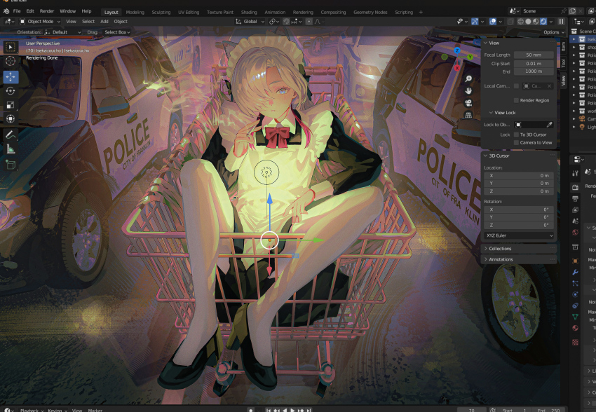 1girl, apron, art_program_in_frame, between_fingers, black_shoes, blender_(medium), blender_(software), car