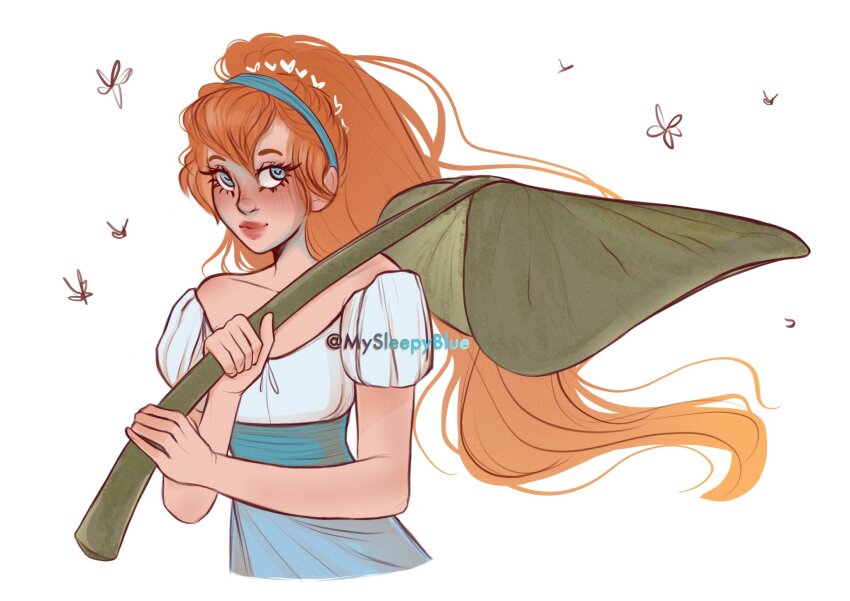 1girl, aqua_hairband, blue_eyes, commentary, dress, english_commentary, floating_hair, hair_ornament