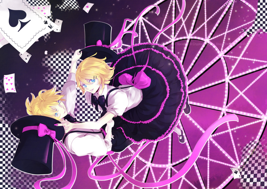 1boy, 1girl, blonde_hair, blue_eyes, bonus_stage_(vocaloid), bow, brother_and_sister, card, floating_card, hair_ornament, hairclip, hat, highres, holding_another's_wrist, kagamine_len, kagamine_rin, lancha, nail_polish, playing_card, ribbon, shoes, short_hair, siblings, skirt, suspenders, twins, vocaloid