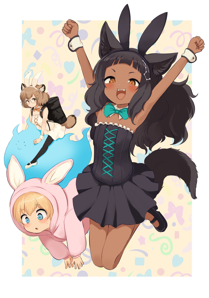 1boy, 2girls, animal_ears, animal_hood, armpits, backpack, bag, batta_(kanzume_quality)