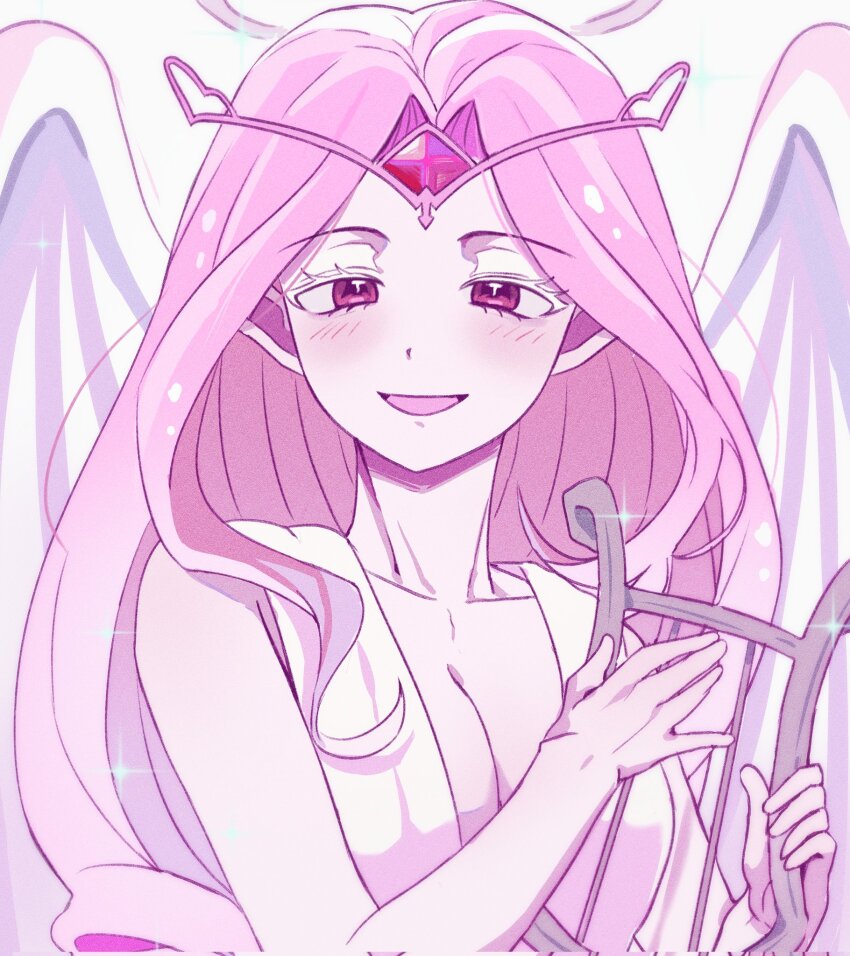 1girl, angel, angel_wings, breasts, cleavage, colored_skin, cookie_run, cookie_run:_kingdom, dress, eternal_sugar_cookie, halo, highres, instrument, long_hair, looking_at_viewer, pink_eyes, pink_hair, pink_skin, smile, solo, stew4berry23, very_long_hair, white_dress, wings