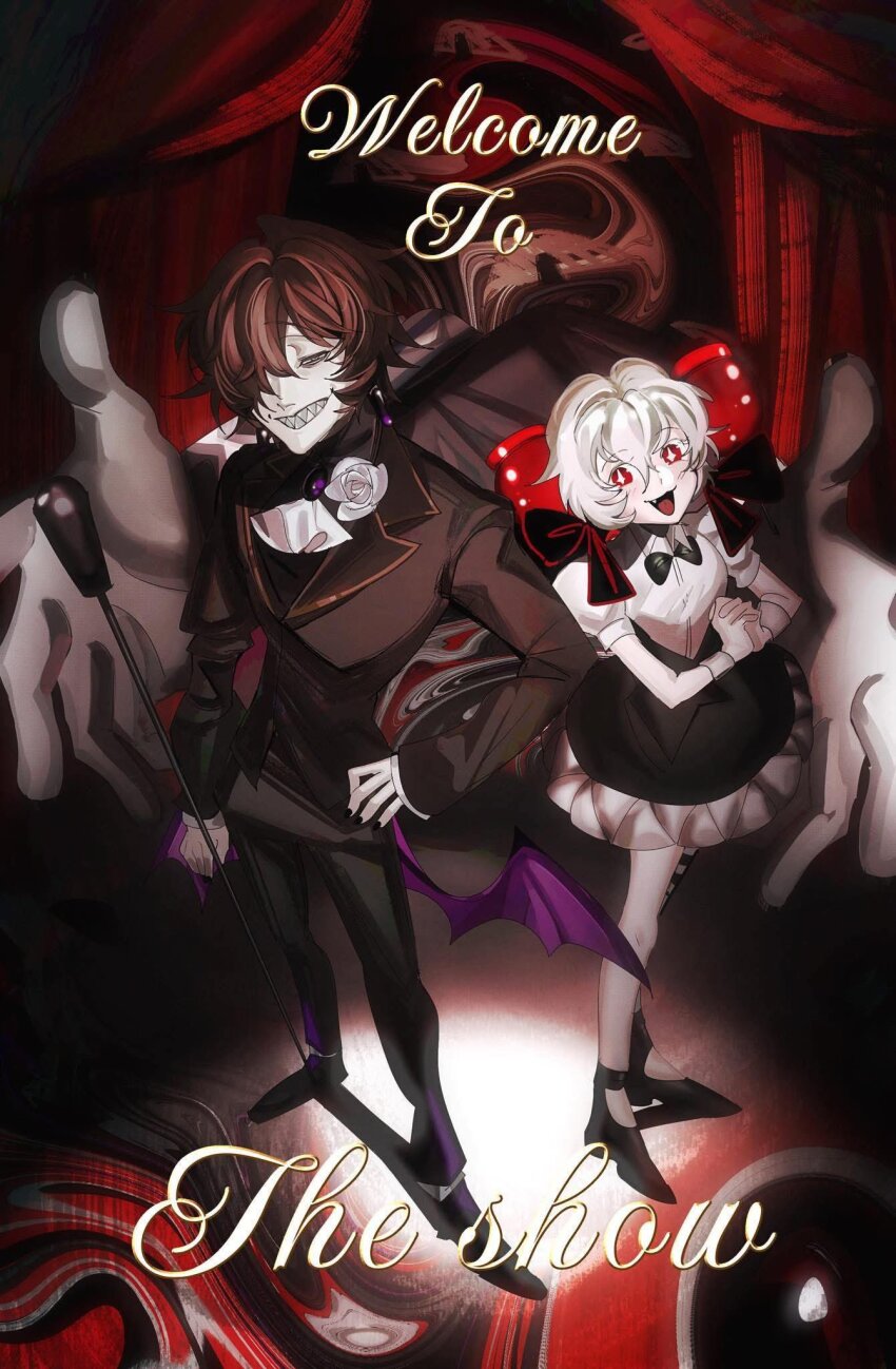 1boy, 1girl, apple_hair_ornament, black_bow, black_bowtie, black_dress, bow, bowtie