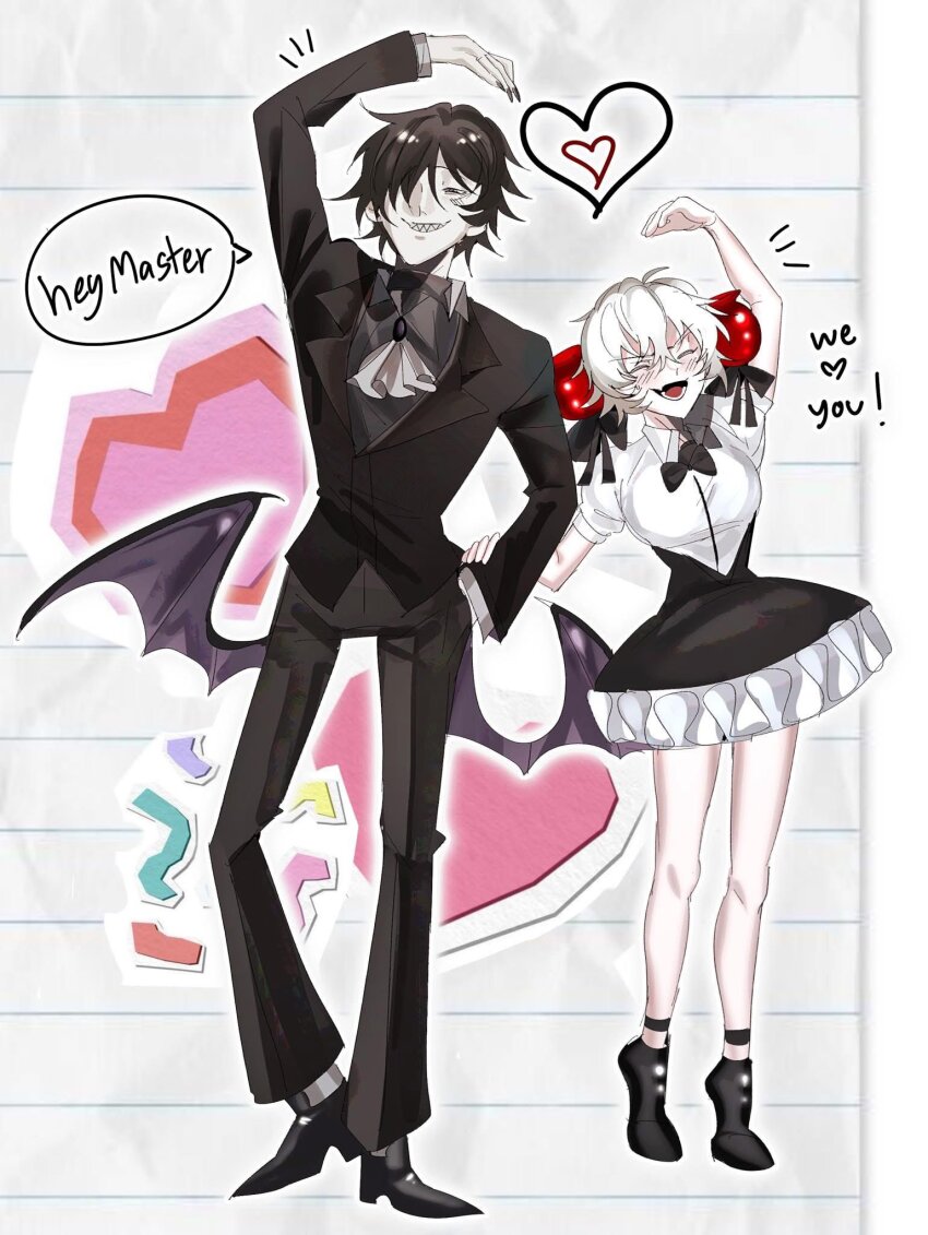 1boy, 1girl, apple_hair_ornament, black_bow, black_bowtie, black_dress, bow, bowtie