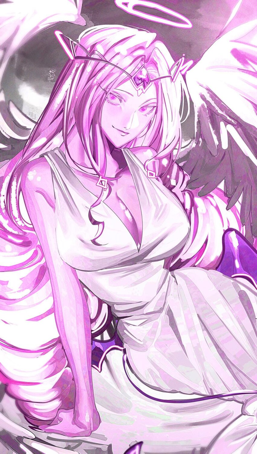 1girl, angel, angel_wings, breasts, cleavage, colored_skin, cookie_run, cookie_run:_kingdom