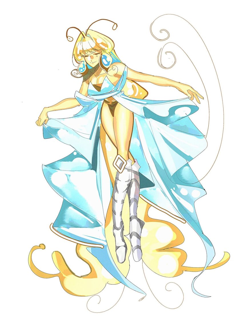 1girl, aegyo_sal, angel_wings, antenna_hair, armored_boots, bare_shoulders, biblically_accurate_angel, blonde_hair