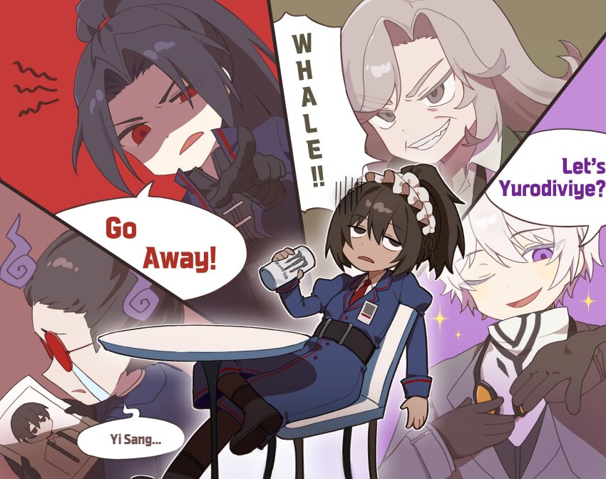 2girls, 3boys, ahab_(project_moon), black_hair, blue_coat, brown_hair, chair, coat