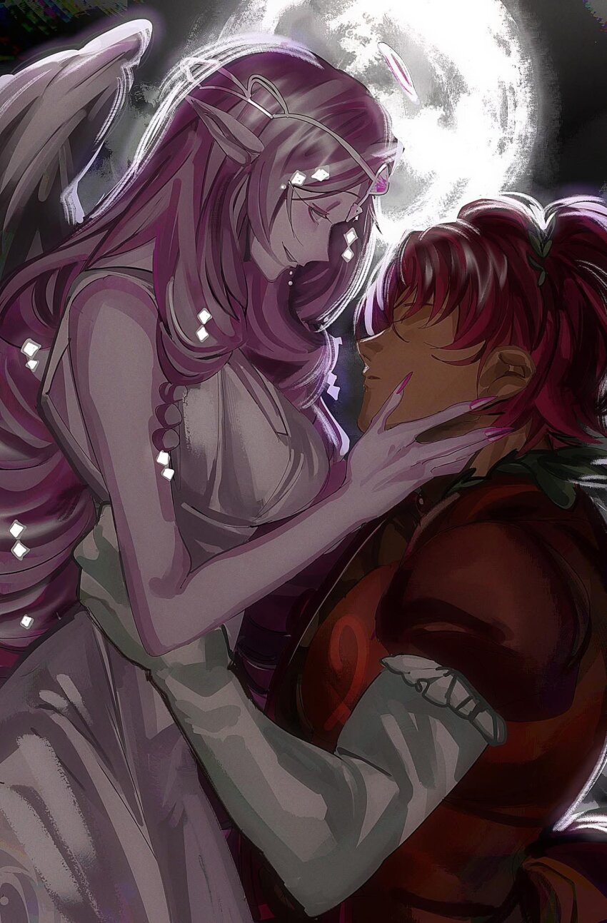 1girl, 2girls, angel, angel_wings, breasts, cleavage, colored_skin, cookie_run, cookie_run:_kingdom, dress, eternal_sugar_cookie, hair_between_eyes, highres, hollyberry_cookie, humanization, jeenyumee, long_hair, multiple_girls, pink_eyes, pink_hair, pink_skin, short_hair, smile, solo, very_long_hair, white_dress, wings