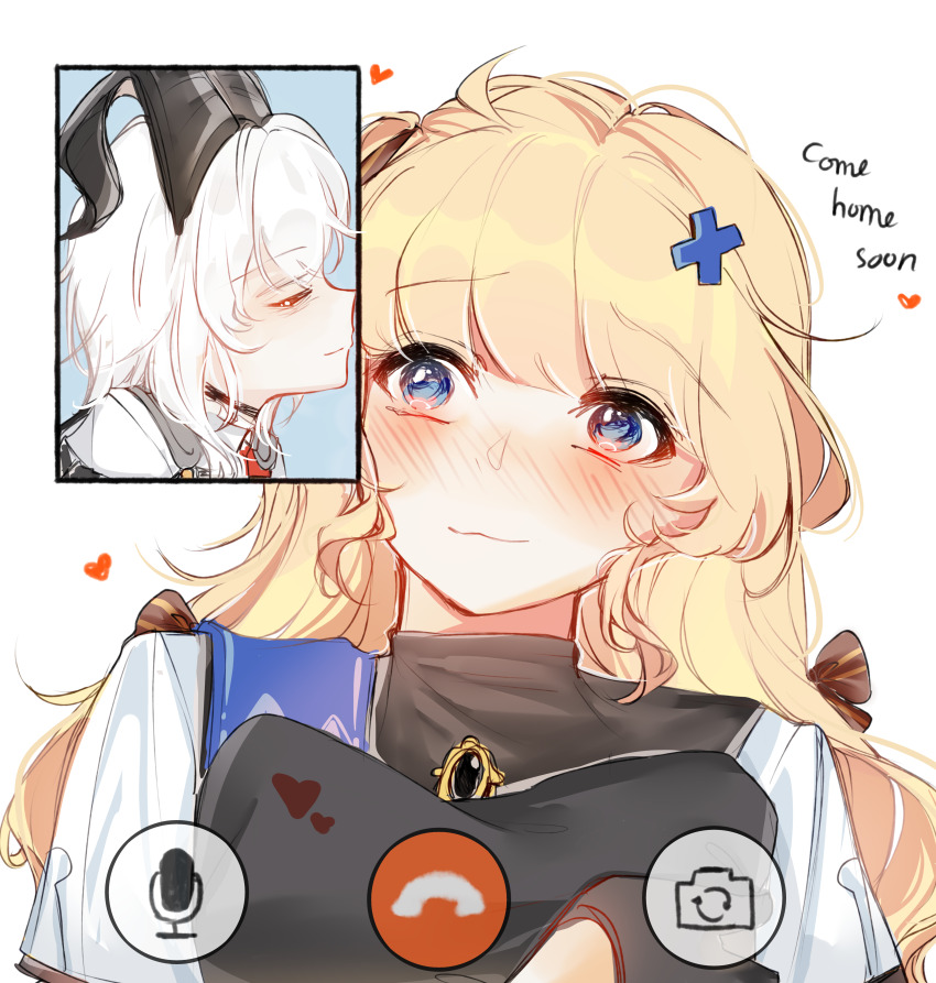 2girls, absurdres, black_gloves, black_horns, blonde_hair, blue_eyes, blue_sash, blush