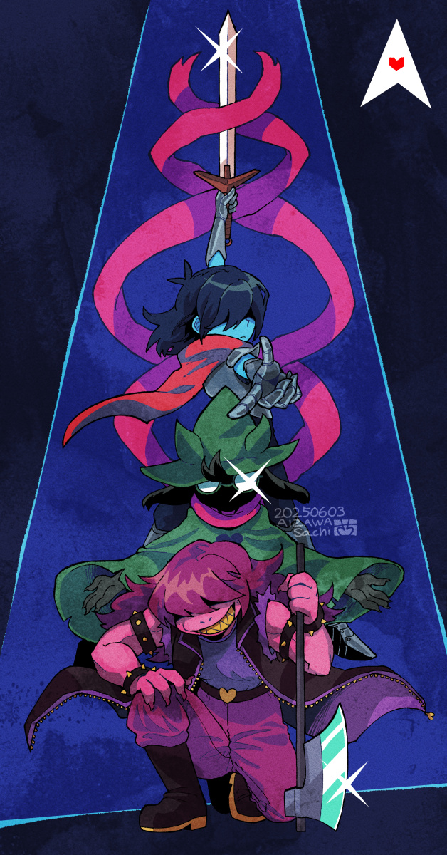 1boy, 1girl, 1other, aizawa_sachi, animal_ears, arm_up, armlet, artist_name