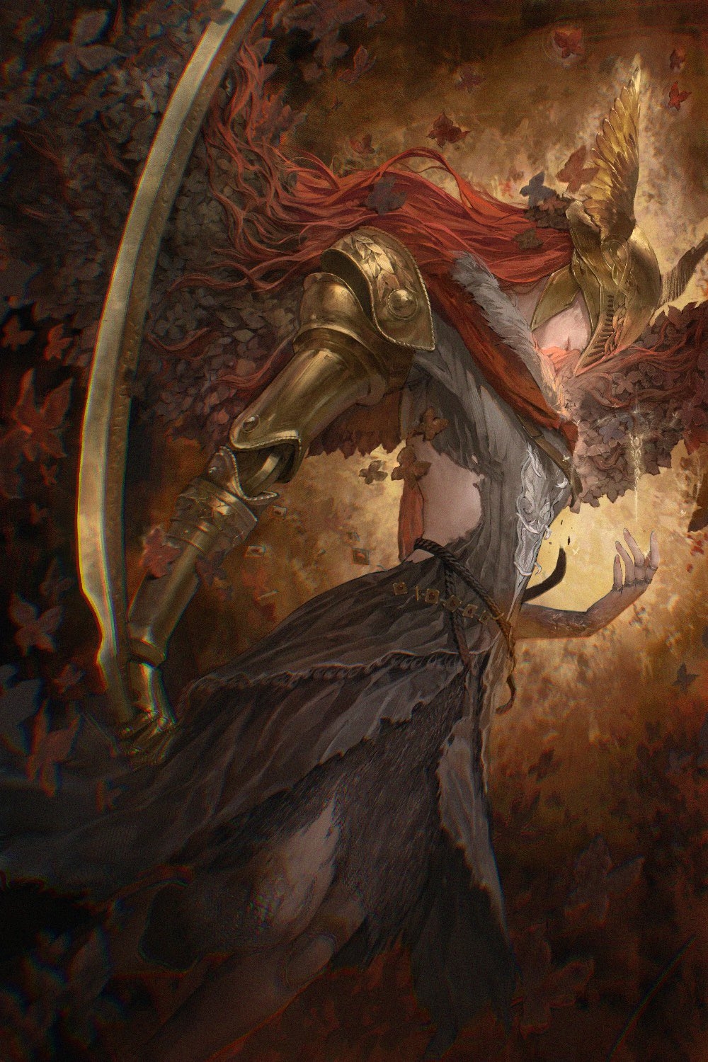 1girl, amputee, armor, belt, belt_buckle, brown_belt, buckle, bug