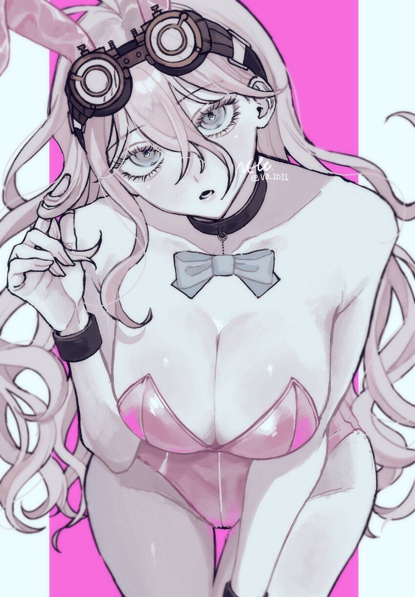 1girl, :o, animal_ears, bare_shoulders, black_choker, blonde_hair, bow, bowtie, breasts, choker, cleavage, collarbone, danganronpa_(series), danganronpa_v3:_killing_harmony, dn0lt, fake_animal_ears, goggles, goggles_on_head, groin, hair_between_eyes, hand_up, highres, iruma_miu, large_breasts, leaning_forward, leotard, long_hair, pink_background, pink_eyes, pink_leotard, shiny_skin, solo, white_background