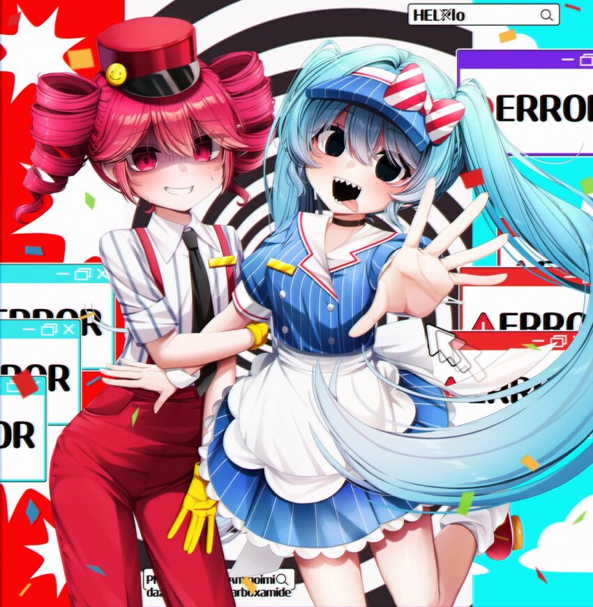 2girls, alternate_costume, alternate_eye_color, apron, black_choker, black_eyes, blue_background, blue_dress