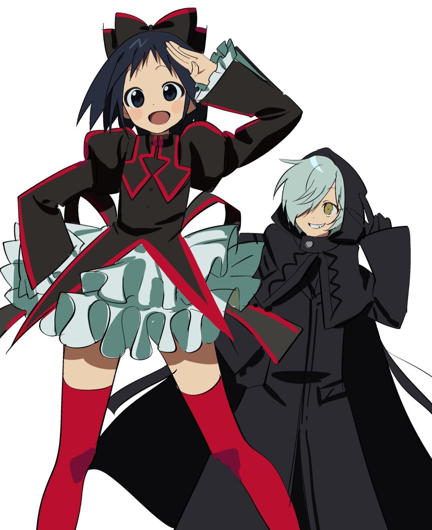 2girls, :d, betti_(xx_betti), black_bow, black_coat, black_dress, black_eyes, black_hair