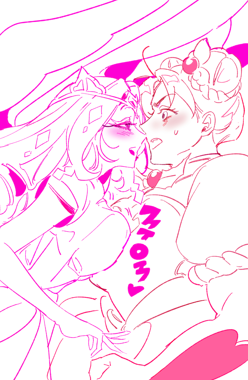 2girls, angel, angel_wings, apqk4553, colored_skin, cookie_run, cookie_run:_kingdom, demon_girl, dress, eternal_sugar_cookie, halo, highres, hollyberry_cookie, long_hair, looking_at_viewer, multiple_girls, pink_eyes, pink_hair, pink_skin, smile, very_long_hair, white_eyeshadow, wings