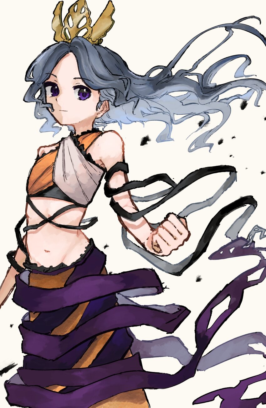 1girl, absurdres, bare_shoulders, chirizuka_ubame, clenched_hand, closed_mouth, crop_top, crown