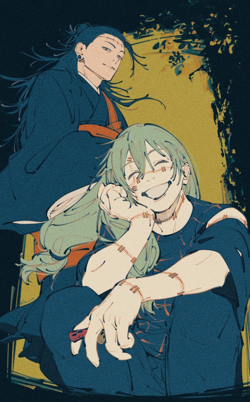 2boys, arm_on_knee, black_hair, black_kimono, black_pants, black_shirt, brown_eyes, crew_neck