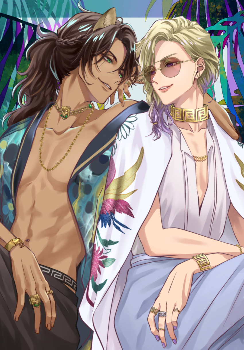 2boys, absurdres, animal_ears, blonde_hair, brown_hair, dark-skinned_male, dark_skin, elbow_on_another's_shoulder