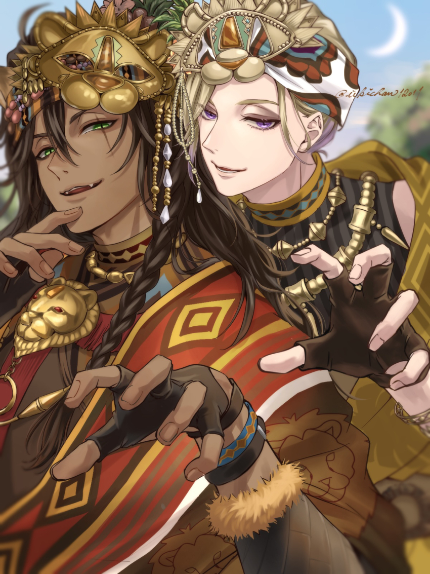 2boys, blonde_hair, braid, brown_gloves, brown_hair, claw_pose, commentary_request, crescent_moon