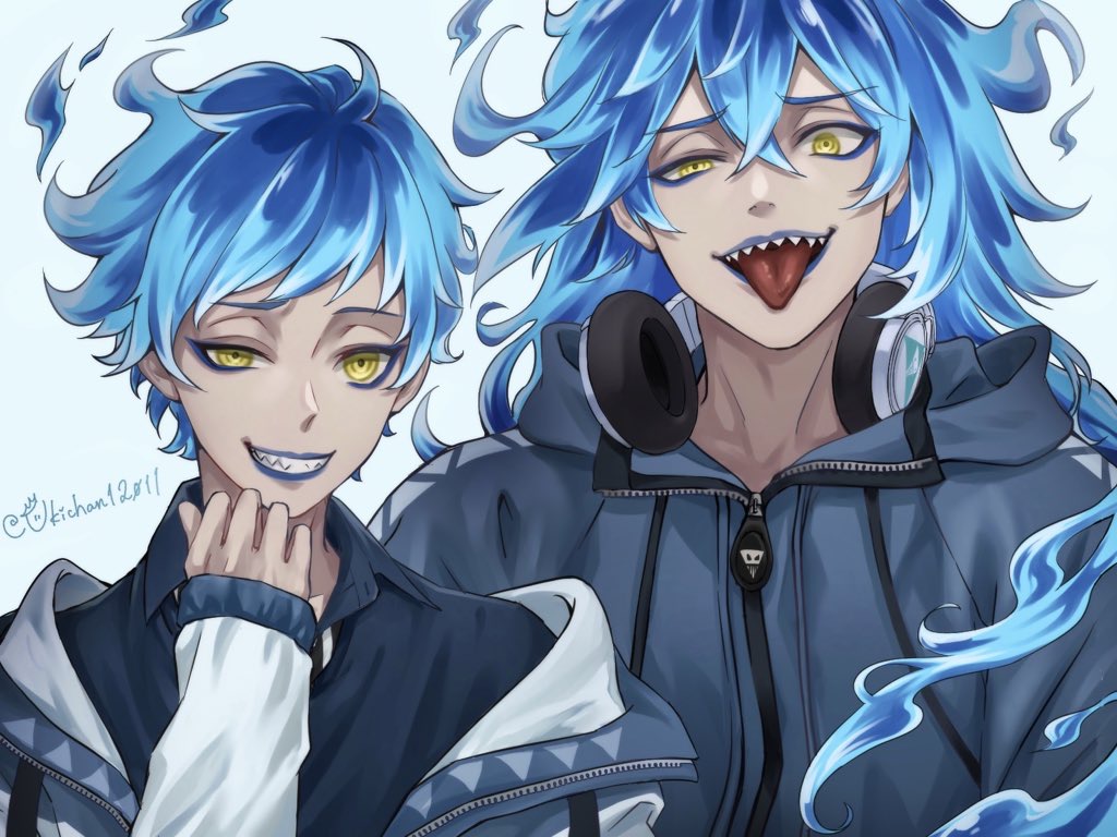 2boys, blue_background, blue_jacket, blue_lips, brothers, commentary_request, fiery_hair, grin, hand_up, headphones, headphones_around_neck, idia_shroud, jacket, long_hair, looking_at_viewer, male_focus, multiple_boys, ortho_shroud, sharp_teeth, short_hair, siblings, simple_background, smile, teeth, tongue, tongue_out, twisted_wonderland, ukichan12011, uneven_eyes, upper_body, yellow_eyes