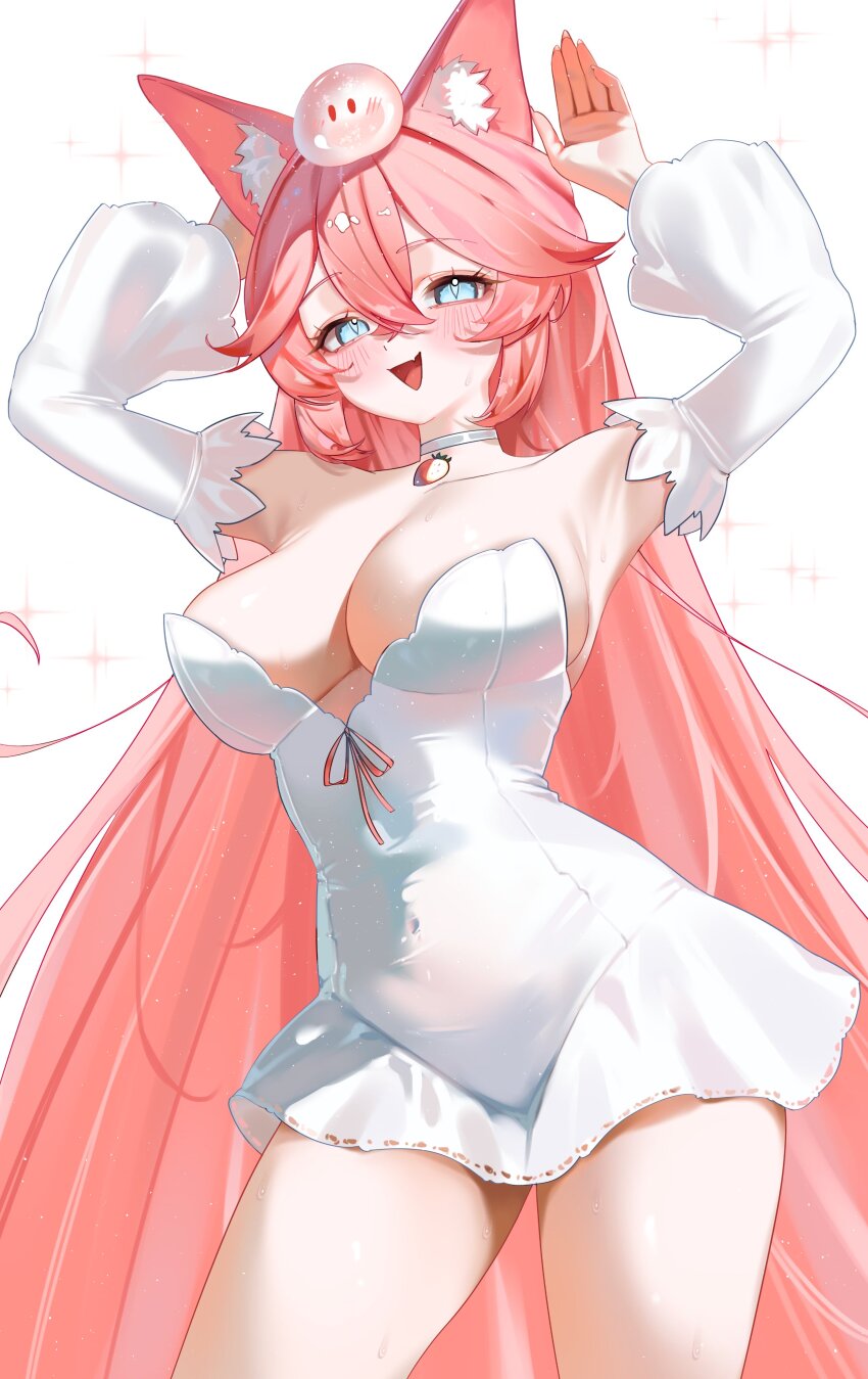 1girl, :d, absurdres, animal_ear_fluff, animal_ears, armpits, arms_up, blue_eyes