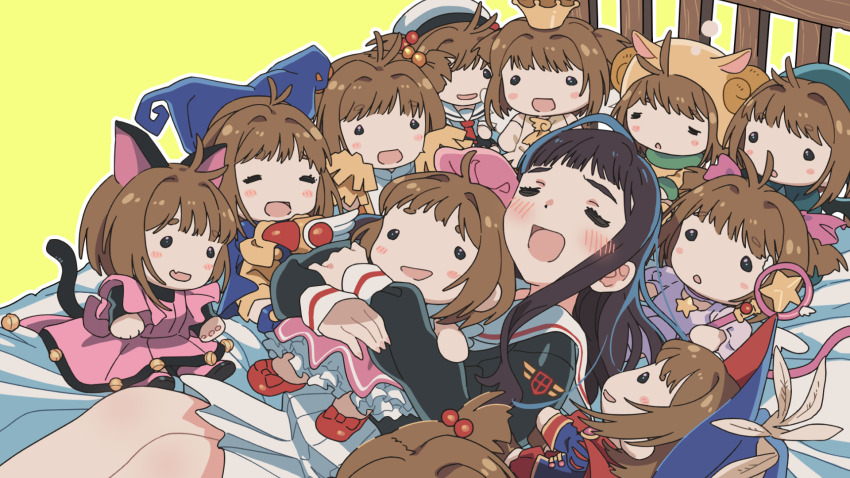 1girl, black_hair, blush, brown_hair, cardcaptor_sakura, character_doll, closed_eyes, daidouji_tomoyo