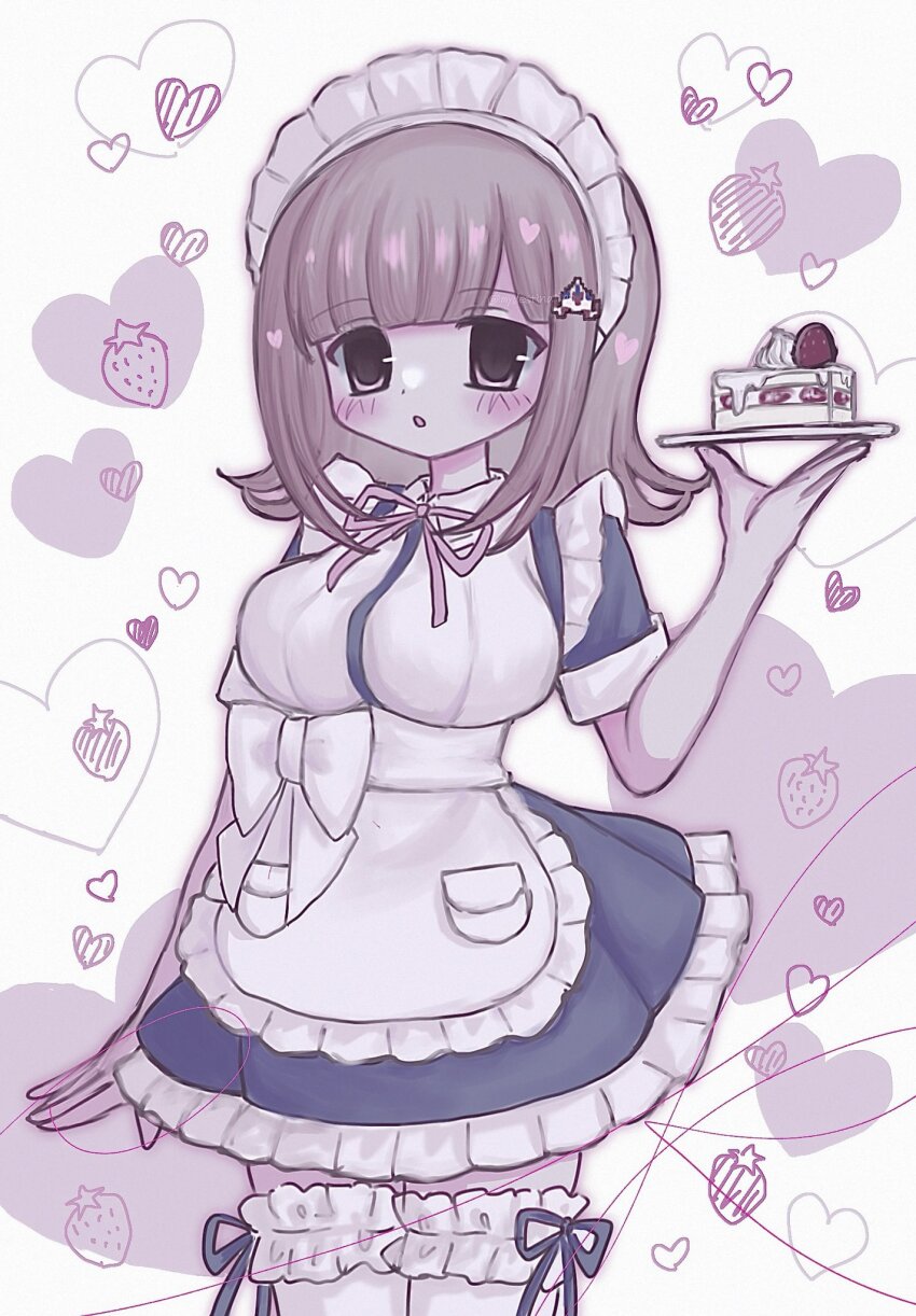 1girl, :o, apron, black_dress, blunt_bangs, blush, breasts, brown_hair, cake, cowboy_shot, danganronpa_(series), danganronpa_2:_goodbye_despair, dress, flipped_hair, food, frilled_dress, frills, hair_ornament, hand_up, heart, highres, holding, holding_plate, imydestination, large_breasts, maid, maid_headdress, medium_hair, nanami_chiaki, neck_ribbon, pink_ribbon, plate, ribbon, short_sleeves, strawberry_shortcake, thighhighs, waist_apron, white_background, white_dress, white_thighhighs