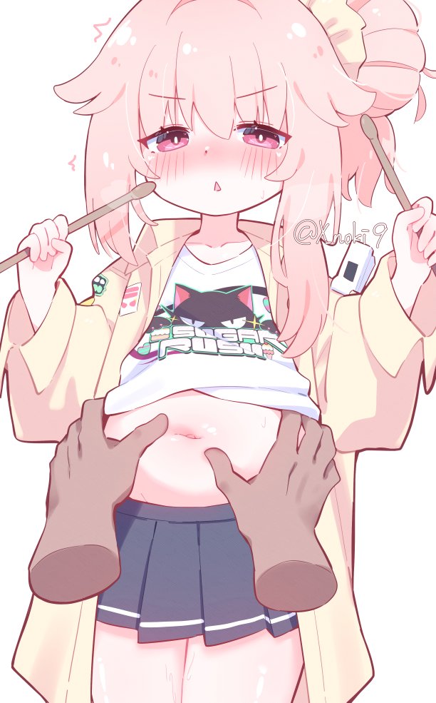 1girl, artist_name, black_skirt, blue_archive, blush, check_copyright, coat, copyright_request