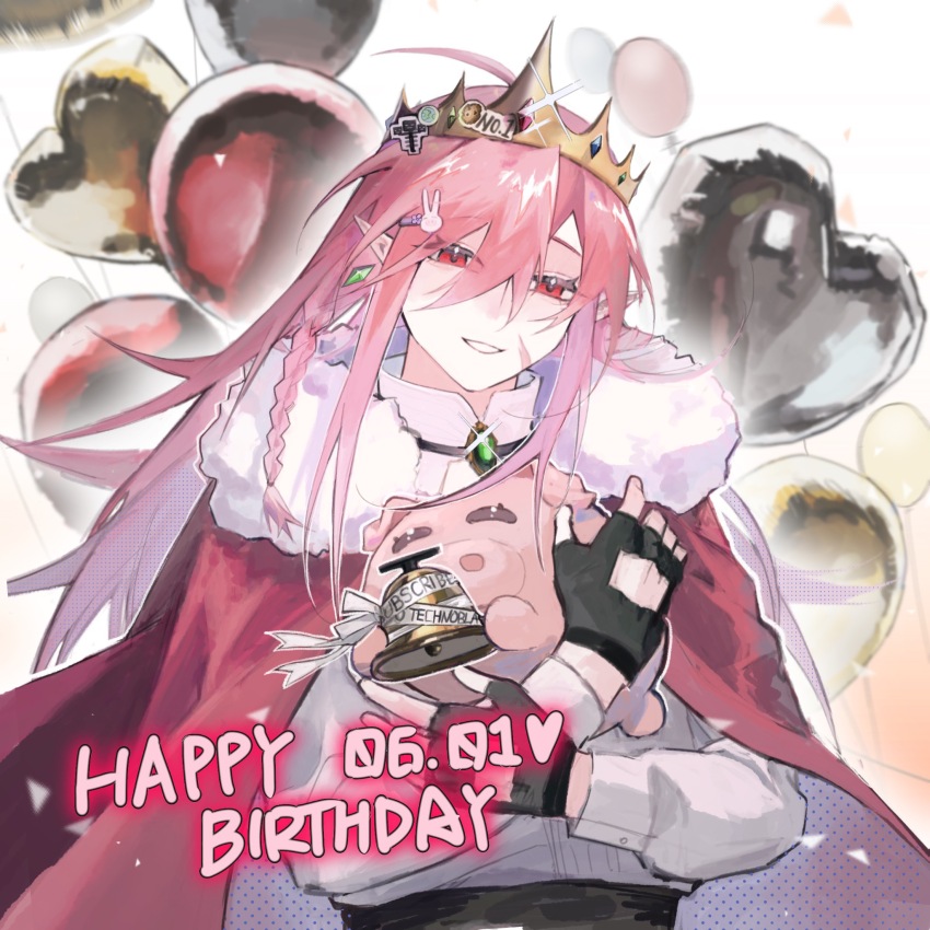1boy, aegyo_sal, androgynous, animification, balloon, bell, birthday, bishounen, cape, chinese_commentary, commentary_request, crown, dream_smp, earrings, fur-trimmed_cape, fur_trim, gold_crown, hair_between_eyes, hair_ornament, happy_birthday, highres, holding, humanization, hypixel, hypixel_skyblock, jeweled_crown, jewelry, kulukuru, long_hair, long_sleeves, looking_at_viewer, male_focus, minecraft, minecraft_youtube, pink_hair, pointed_crown, pointy_ears, potato, rabbit_hair_ornament, red_cape, red_eyes, shirt, single_earring, smpearth, solo, stuffed_animal, stuffed_pig, stuffed_toy, technoblade, white_shirt, wither_(minecraft)