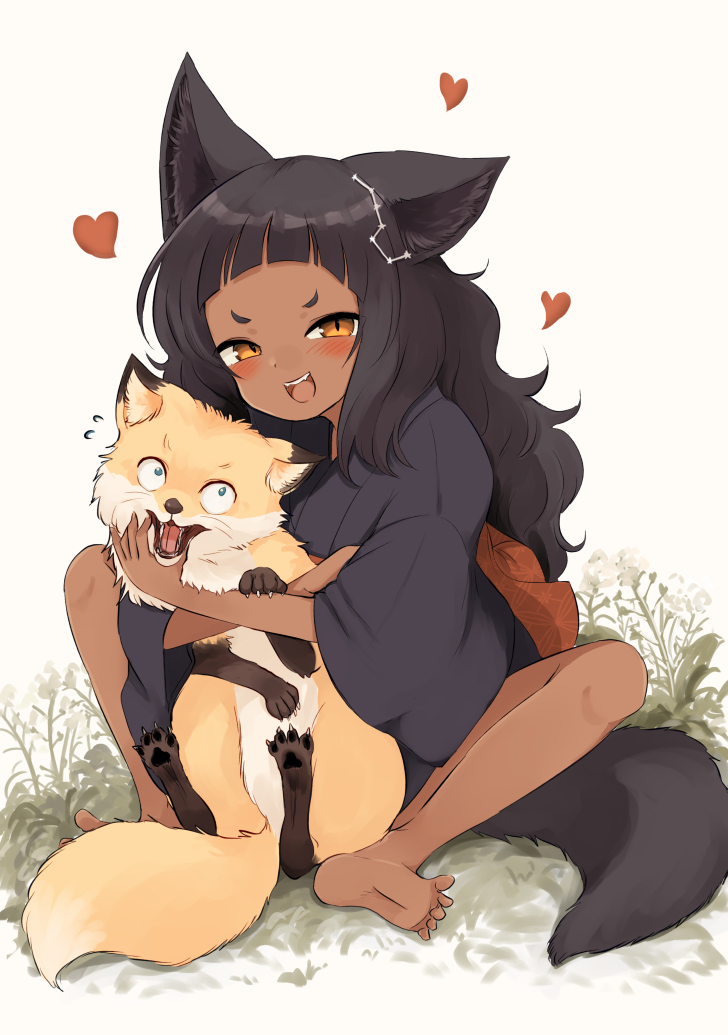 1girl, animal, animal_ear_fluff, animal_ears, animal_feet, bare_legs, barefoot, batta_(kanzume_quality), black_hair, blush, brown_eyes, claws, commentary_request, dark-skinned_female, dark_skin, facing_viewer, fangs, feet, flower, flustered, flying_sweatdrops, fox, fox_ears, fox_girl, fox_tail, heart, holding, holding_animal, japanese_clothes, kimono, kitsune_no_oyome-chan, kitsune_no_oyome-chan_to_musuko-chan, long_hair, looking_at_another, looking_at_viewer, obi, open_mouth, outdoors, paid_reward_available, pawpads, sash, simple_background, sitting, smile, soles, spread_legs, tail, teeth, toes, white_background