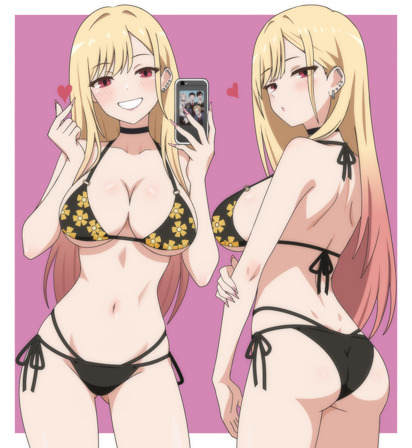 1girl, absurdres, ass, back, bikini, black_bikini, black_choker, blonde_hair