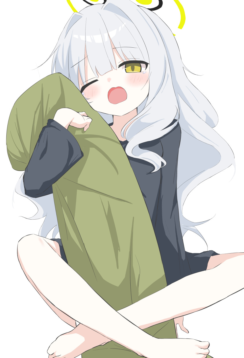 absurdres, barefoot, blue_archive, crossed_legs, green_eyes, green_halo, grey_hair, halo