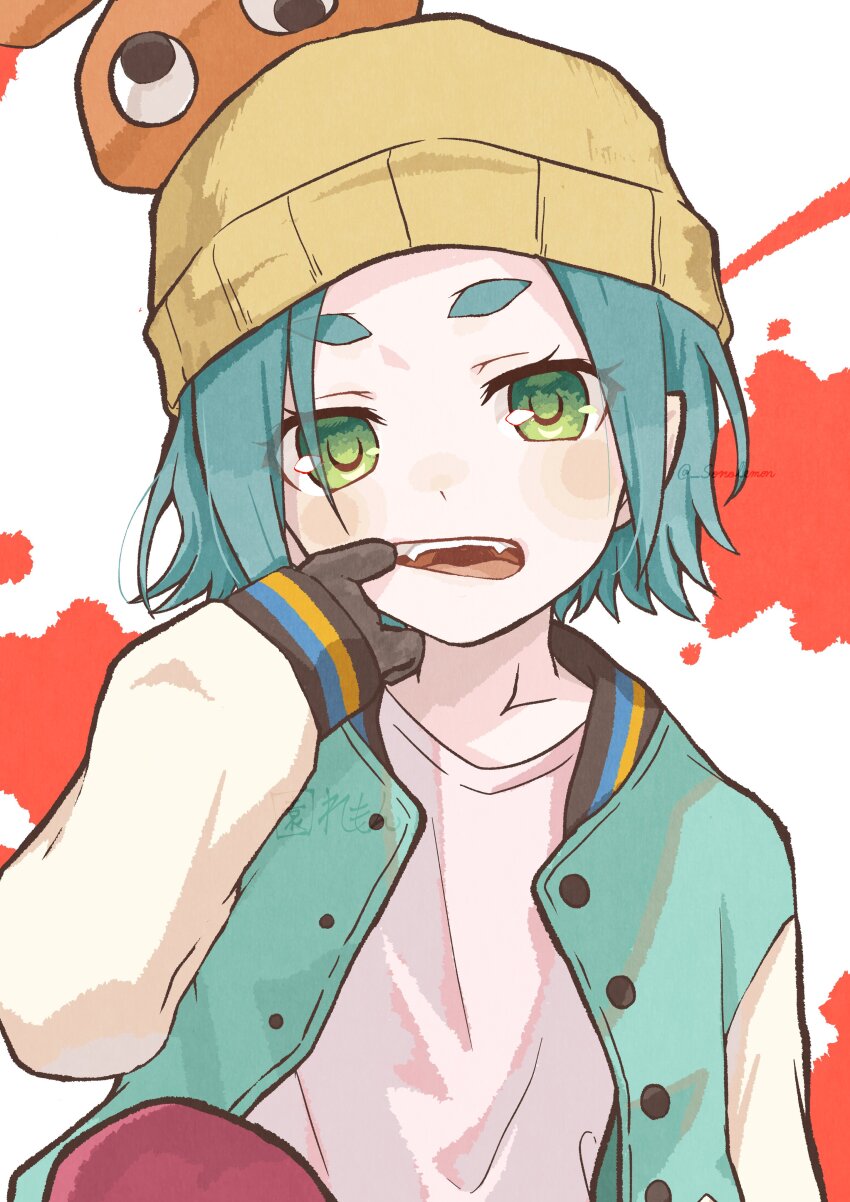 1girl, absurdres, aqua_hair, beanie, blush, googly_eyes, green_eyes, hat