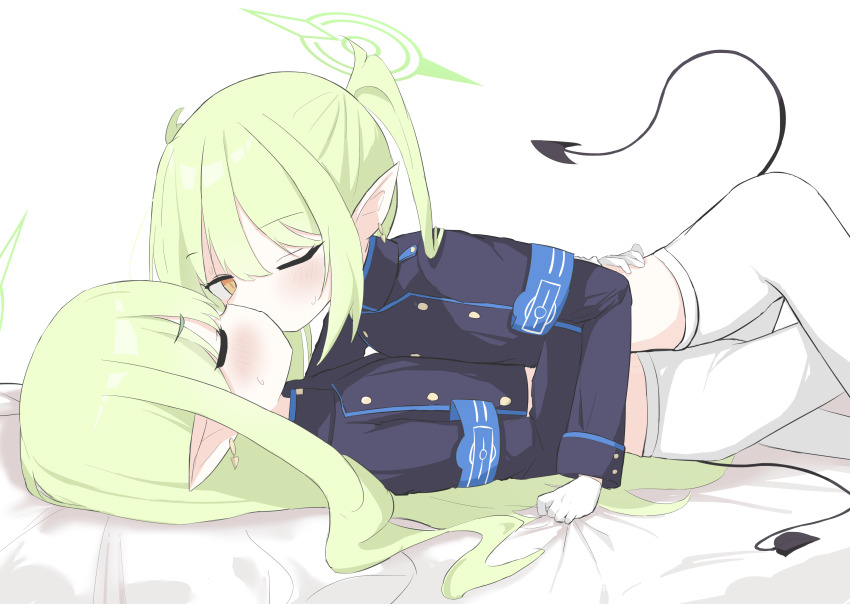 absurdres, armband, black_tail, blue_archive, blue_armband, demon_tail, green_hair, green_halo, halo, highres, hikari_(blue_archive), incest, kiss, nozomi_(blue_archive), pantyhose, pointy_ears, siblings, sisters, tail, train_conductor, twins, user_yths2234, white_pantyhose, yuri