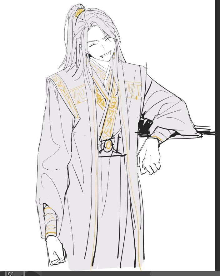 1boy, arm_rest, art_program_in_frame, black_hair, black_hanfu, black_sash, chinese_clothes, clenched_hand