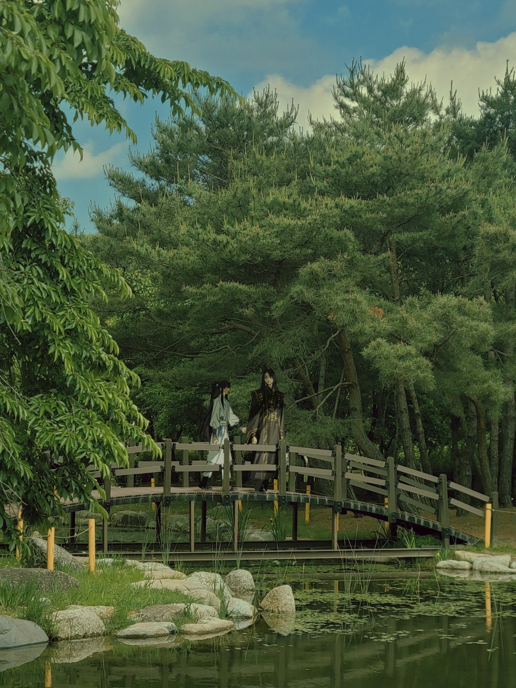 2boys, black_hair, black_hanfu, black_sash, blue_sky, bridge, chinese_clothes, cloud
