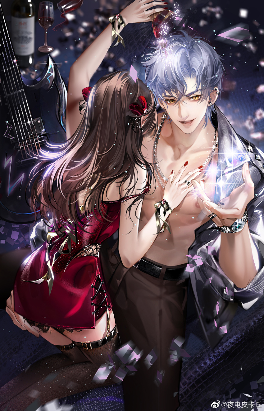 1boy, 1girl, abs, absurdres, alcohol, back_ribbon, bar_(place), bare_arms