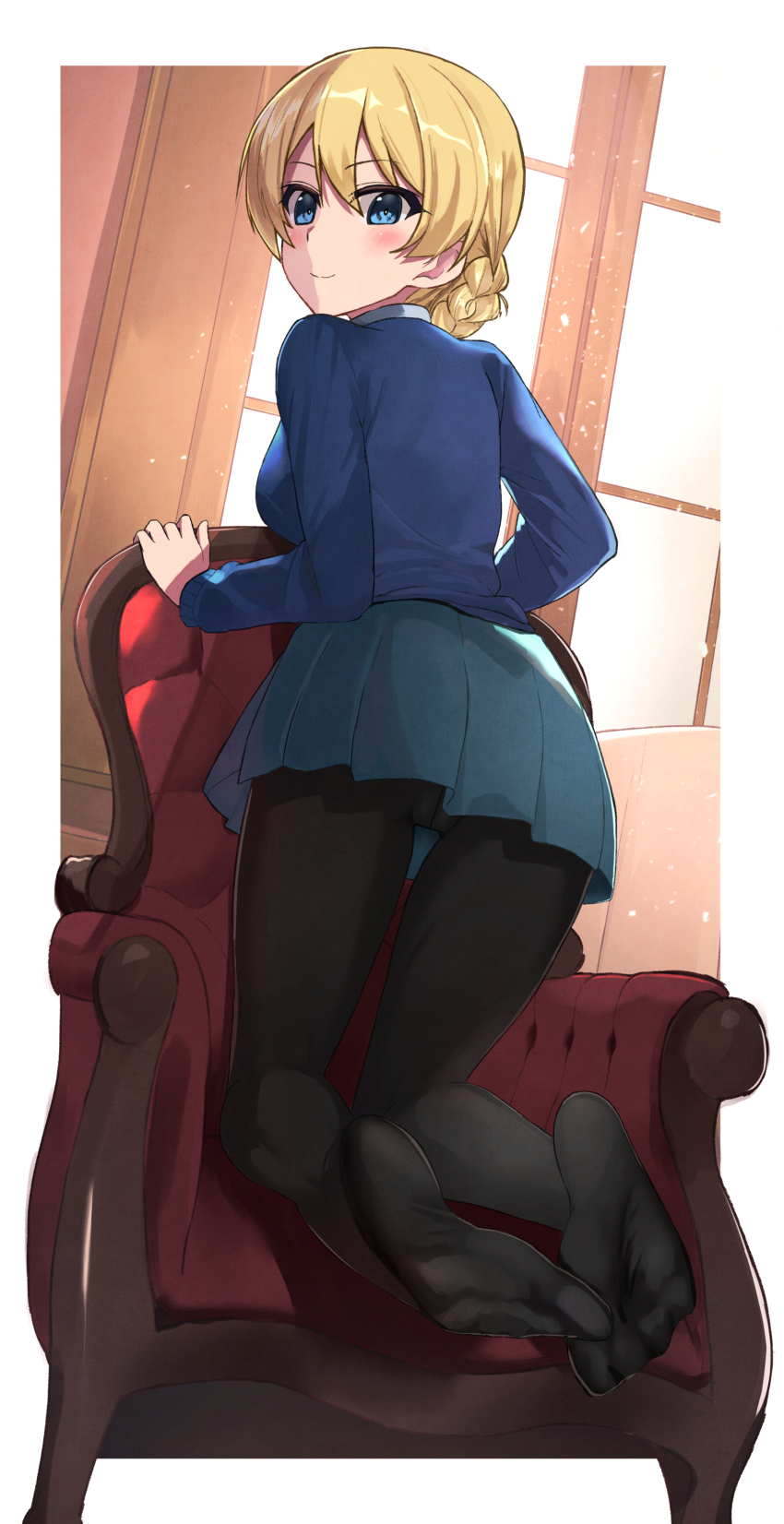 1girl, absurdres, ass, black_pantyhose, blonde_hair, blue_eyes, blush, breasts