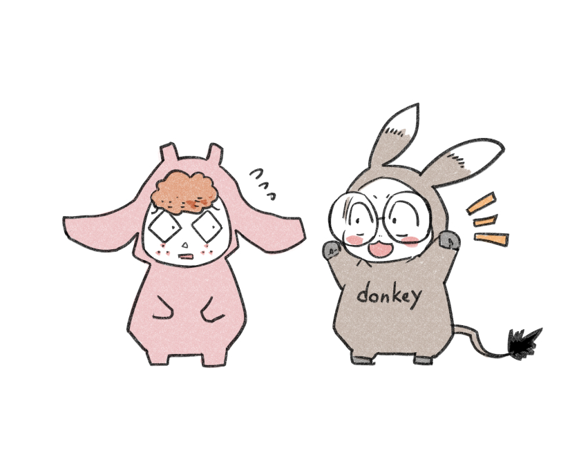 2boys, aged_down, commentary_request, cosplay, donkey_costume, flying_sweatdrops, freckles, full_body