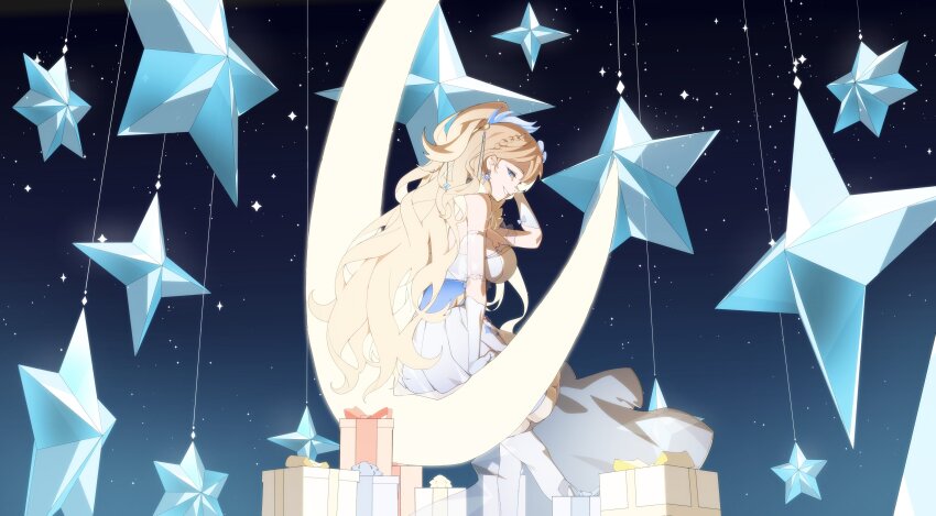 1girl, absurdres, artist_request, blonde_hair, blue_eyes, box, breasts, commentary, detached_sleeves, dress, english_commentary, feet_out_of_frame, gift, gift_box, glove_bow, gloves, grin, hand_up, highres, hime_hajime, hime_hajime_(4th_costume), large_breasts, long_hair, looking_at_viewer, official_alternate_costume, on_moon, profile, second-party_source, see-through_clothes, see-through_sleeves, short_dress, short_sleeves, sitting, sky, smile, solo, star_(sky), star_(symbol), starry_sky, strapless, strapless_dress, very_long_hair, virtual_youtuber, vshojo, wavy_hair, white_dress, white_gloves