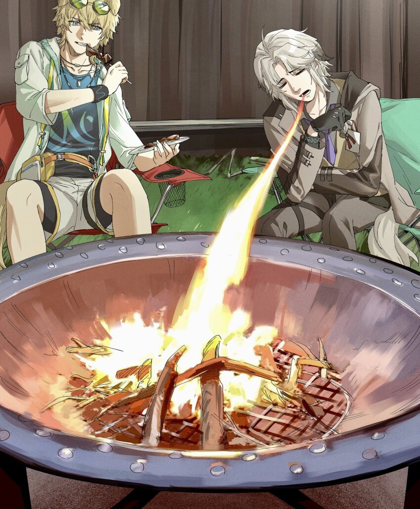 2boys, ahoge, animal_ears, arknights, belt, blonde_hair, blue_eyes, blue_vest