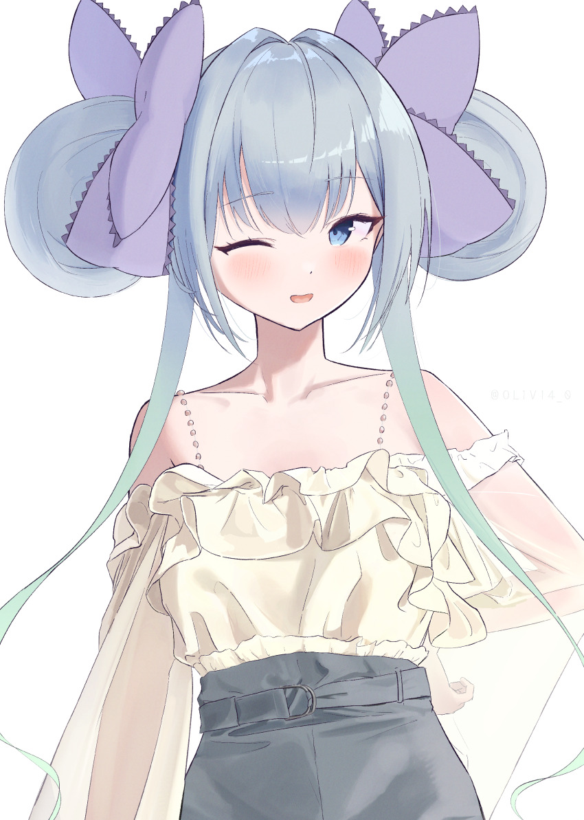 1girl, absurdres, bare_shoulders, blue_eyes, blush, bow, collarbone, commentary