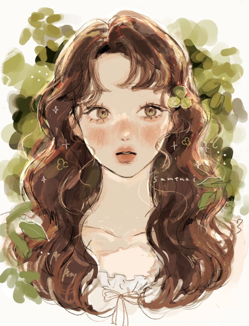 1girl, bare_shoulders, blush, brown_eyes, brown_hair, clover_hair_ornament, collarbone, cropped_torso