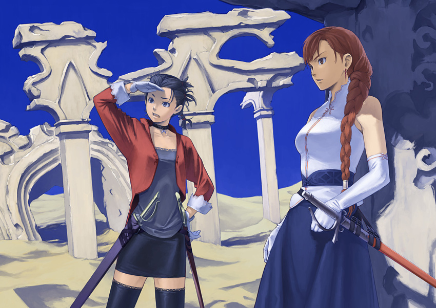 2girls, black_eyes, black_hair, black_legwear, braid, dress, earrings, elbow_gloves