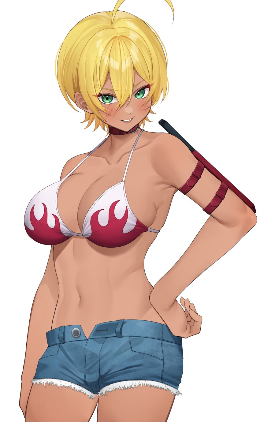 1girl, absurdres, ahoge, arm_sheath, bikini, bikini_top_only, blonde_hair, blue_shorts