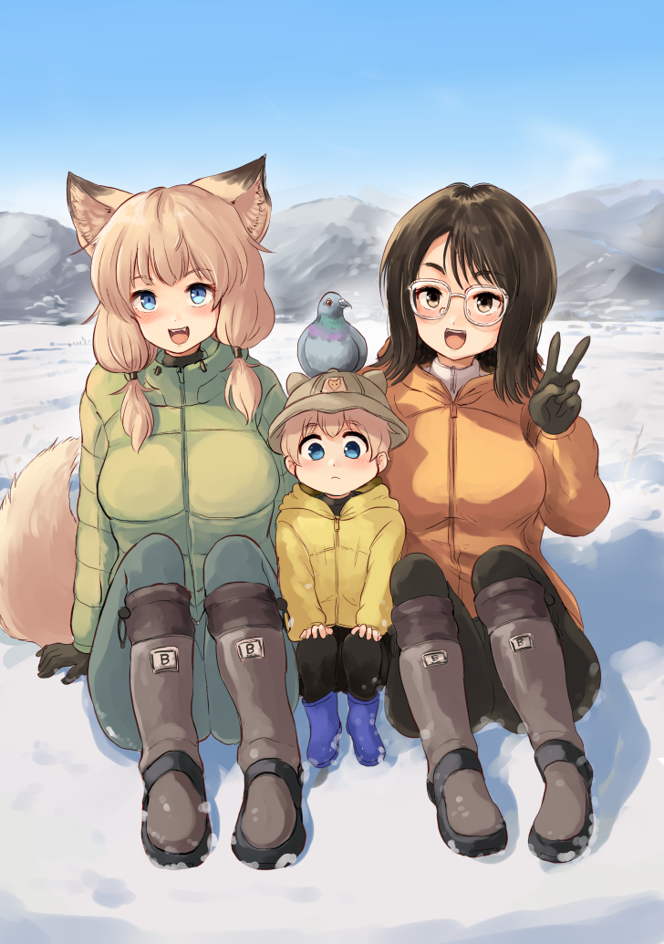 1boy, 2girls, animal_ear_fluff, animal_ear_headwear, animal_ears, batta_(kanzume_quality), bird, black_hair