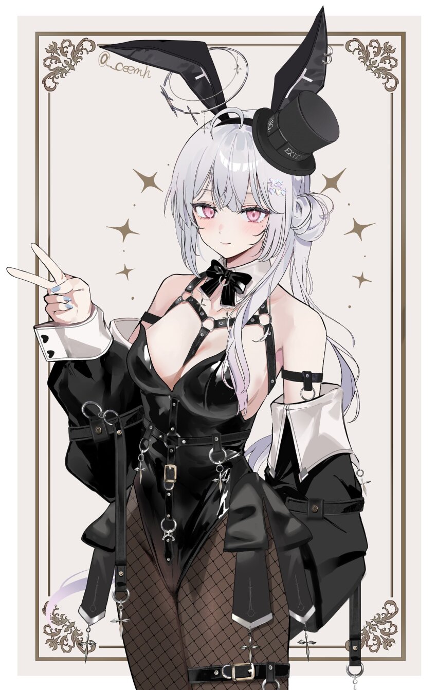 absurdres, animal_ears, arm_belt, bare_shoulders, belt, black_hat, blue_nails, blush