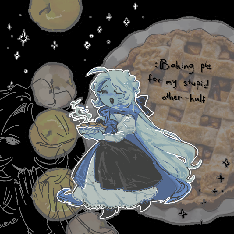1girl, blue_dress, blush, cookie, cookie_run, cookie_run:_kingdom, dress, food, heterochromia, long_hair, looking_at_viewer, one_eye_closed, pie, shadow_milk_cookie, lady_in_azure, solo, sp00kymellon