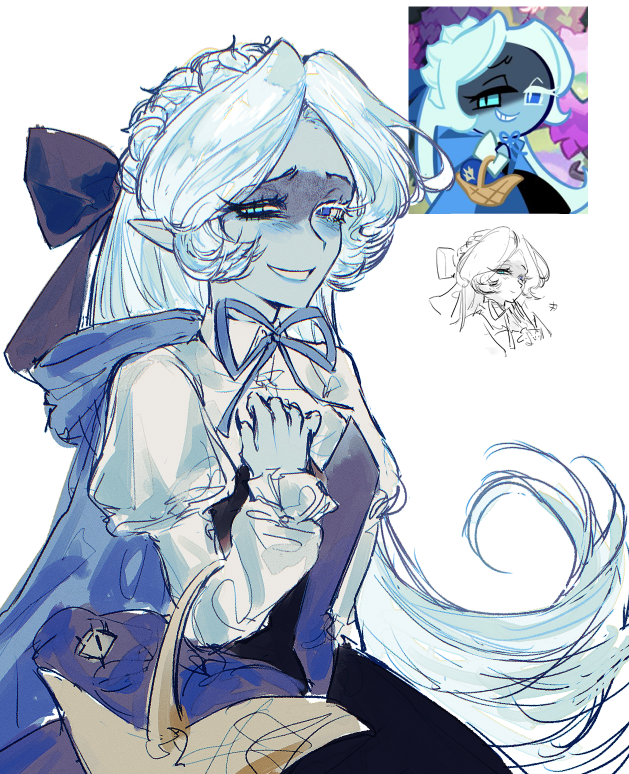 1girl, basket, blue_dress, blush, cookie, cookie_run, dress, evil_grin