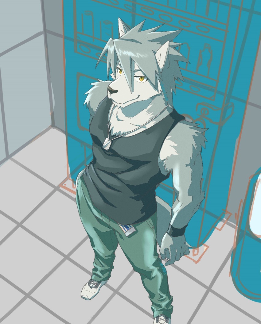 1boy, animal_ears, biceps, black_tank_top, closed_mouth, commentary_request, dog_boy, dog_ears