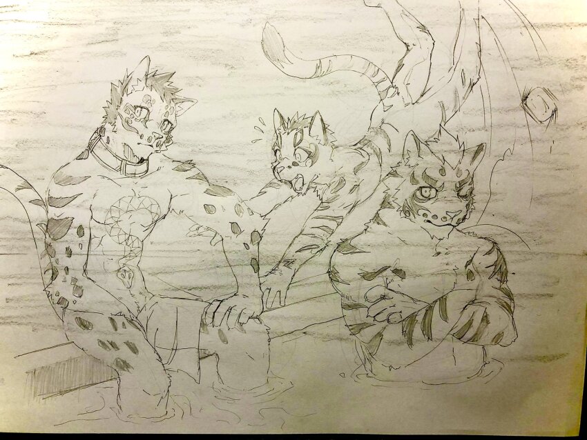 3boys, abs, animal_ears, biceps, cat_boy, cat_ears, animal_nose, cat_tail